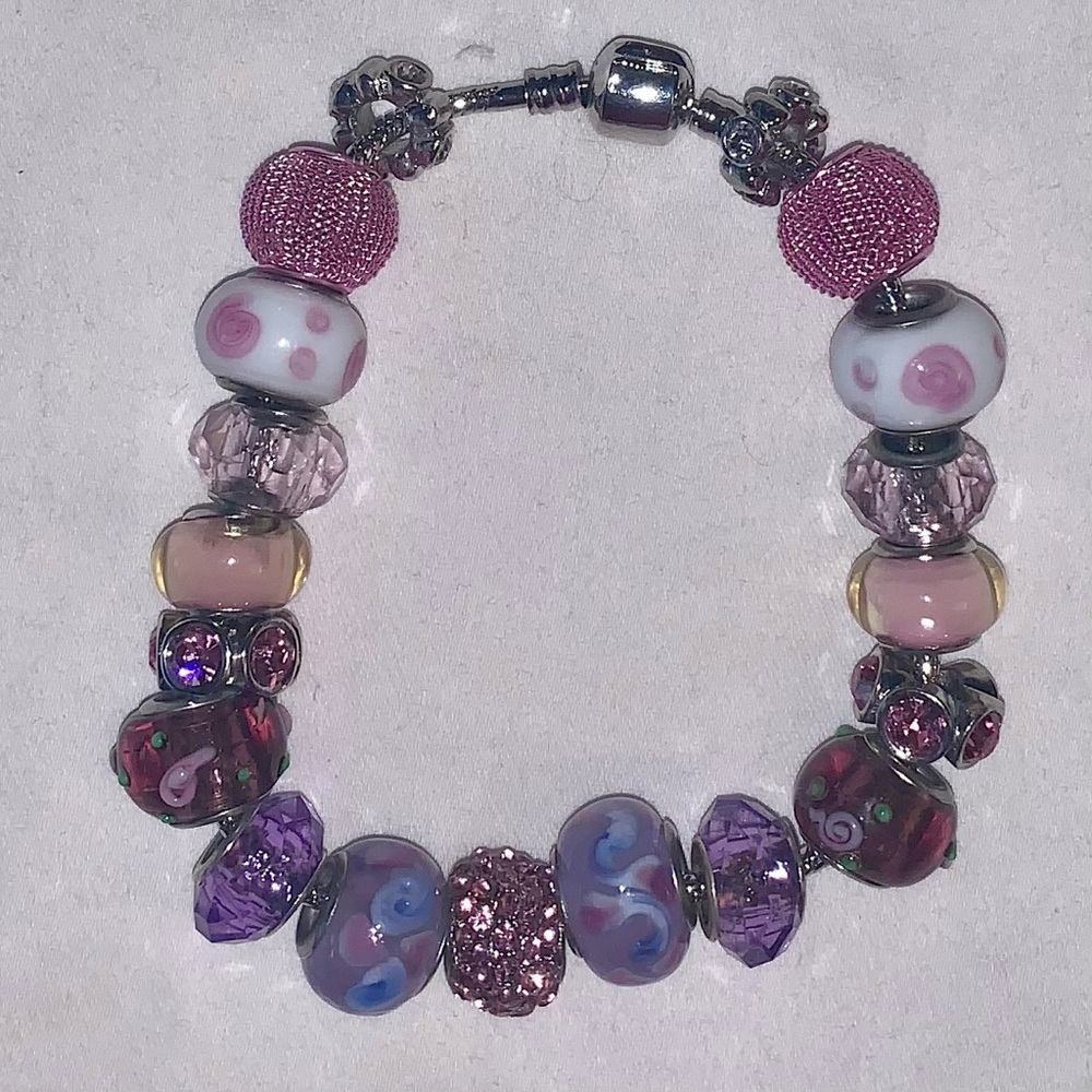 Handmade Bracelet Pink and Purple Flower Themed. Made of Glass & Crystal Beads